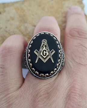 Master Mason Blue Lodge Ring - Sterling Silver Onyx - Bricks Masons