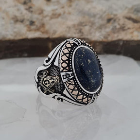 Master Mason Blue Lodge Ring - Handcrafted Sterling Silver Lapis Lazuli Stone - Bricks Masons