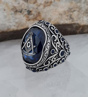 Master Mason Blue Lodge Ring - Blue Sapphire Freemason Compass Symbol - Bricks Masons