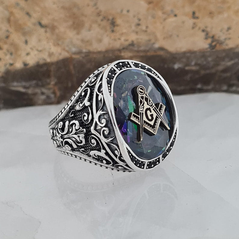 Master Mason Blue Lodge Ring - Mystic Topaz & Cubic Zirconia - Bricks Masons