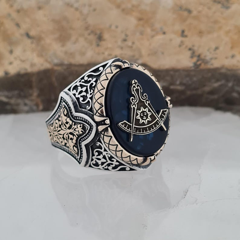 Master Mason Blue Lodge Ring - Handmade Sterling Silver Zircon Sapphire - Bricks Masons