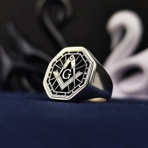 Master Mason Blue Lodge Ring - Black & Silver Handcrafted Square & Compass G - Bricks Masons