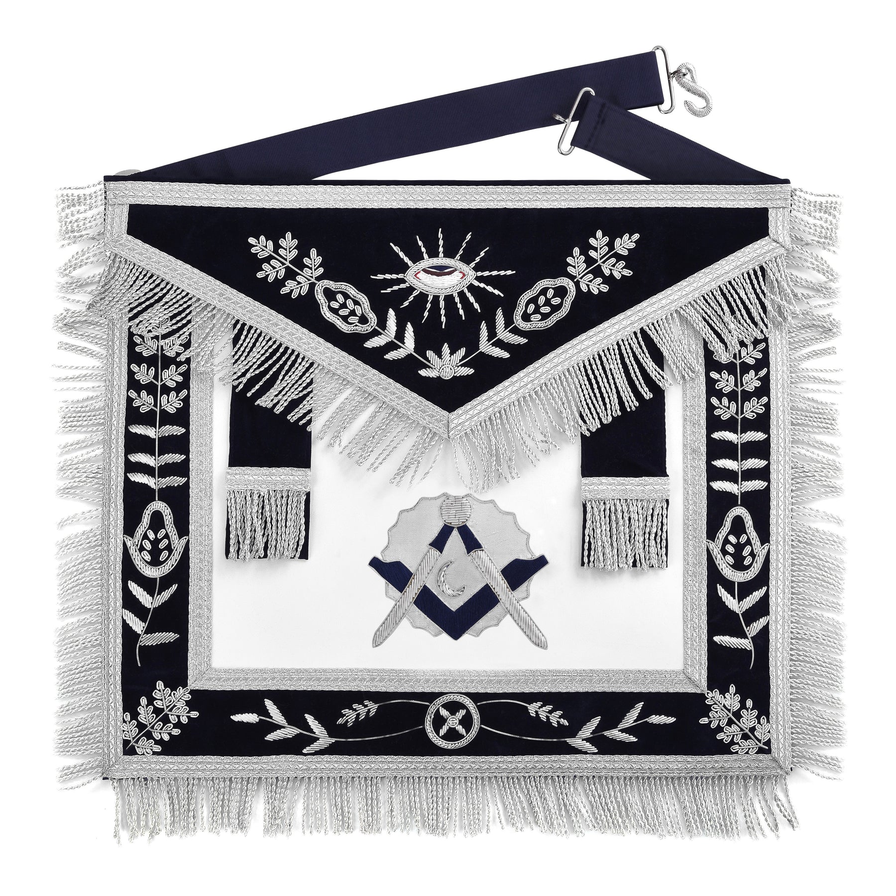 Junior Deacon Blue Lodge Officer Apron - Dark Blue With Silver Hand Embroidery Bullion - Bricks Masons