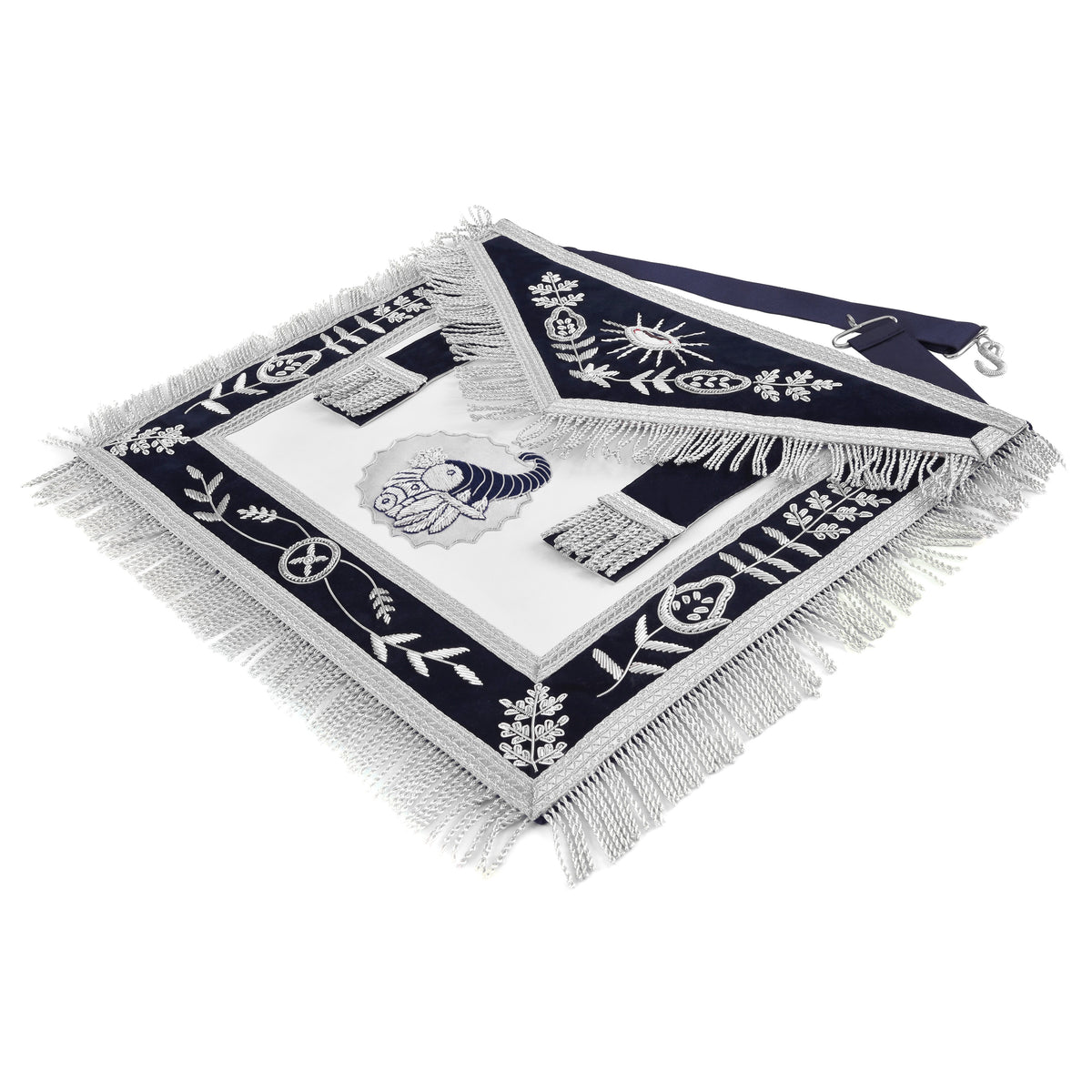 Junior Steward Blue Lodge Officer Apron - Dark Blue With Silver Hand Embroidery Bullion - Bricks Masons