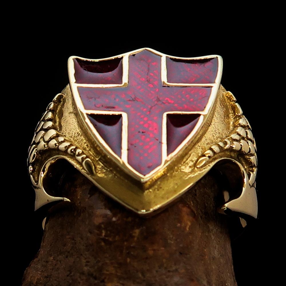 Knights Templar Ring - Brass Knight & Shield With Red Cross - Bricks Masons