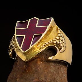 Knights Templar Ring - Brass Knight & Shield With Red Cross - Bricks Masons