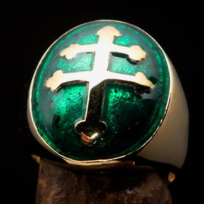 Knights Templar Ring - Green Brass Lorraine Cross - Bricks Masons