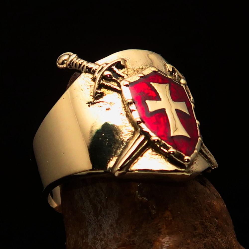 Knights Templar Ring - Red & Gold Shield Solid Brass - Bricks Masons