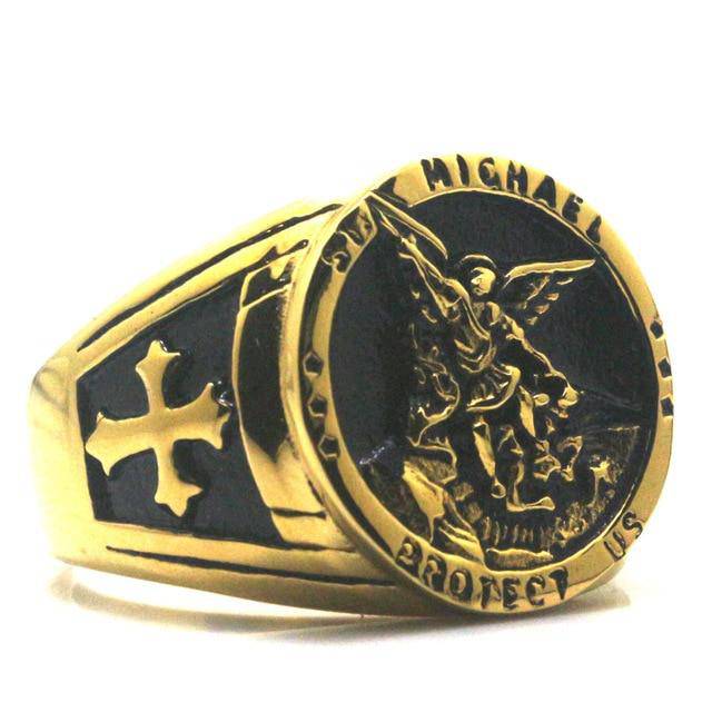 Knights Templar Ring - St. Michael Protect Us (Gold and Silver) - Bricks Masons