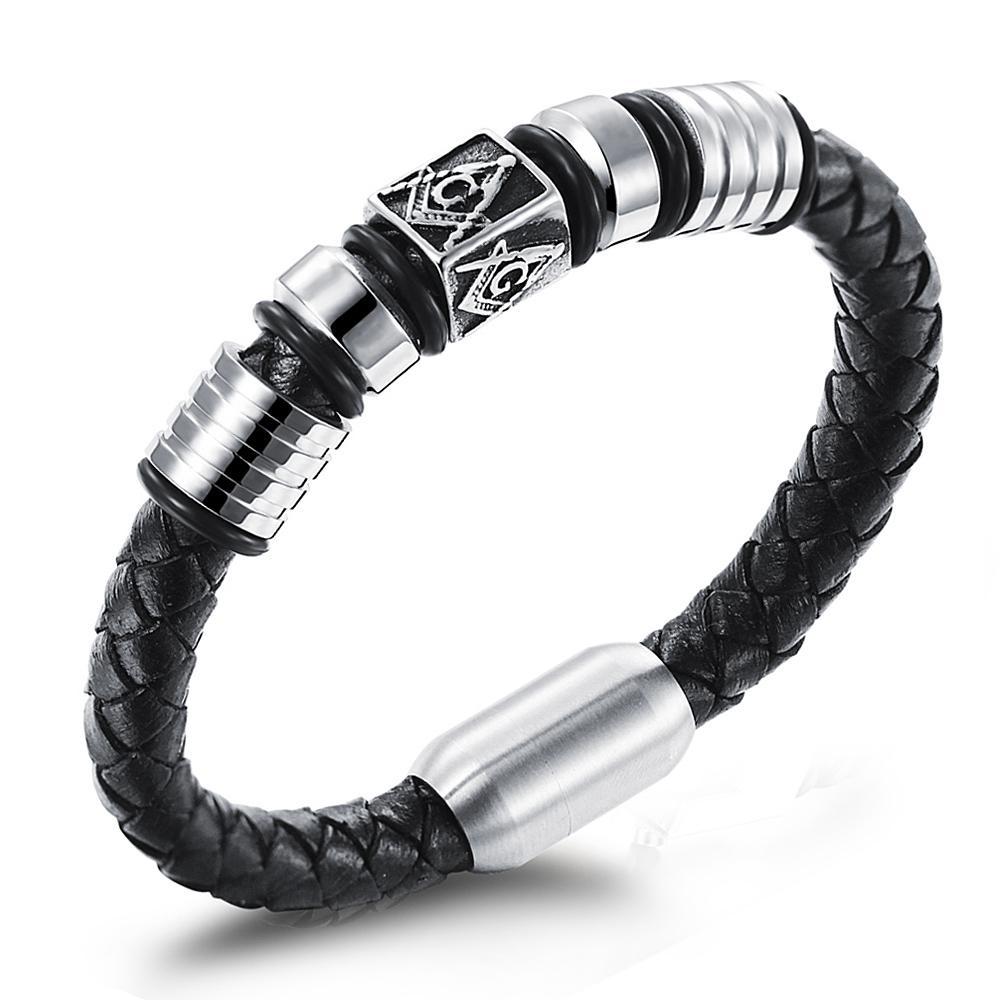 Master Mason Blue Lodge Bracelet - Compass and Square G Leather with Magnetic Clasp - Bricks Masons