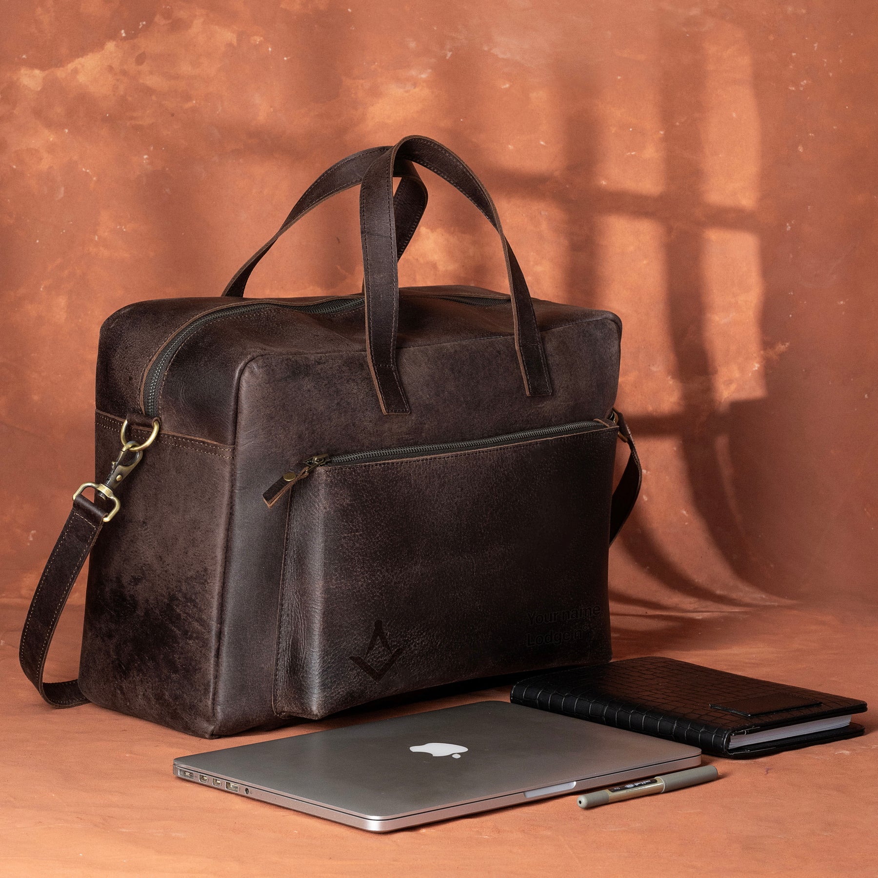 Master Mason Blue Lodge Briefcase - Dark Brown Cow Leather - Bricks Masons