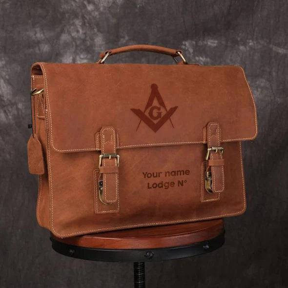 Master Mason Blue Lodge Briefcase - Handmade Leather - Bricks Masons