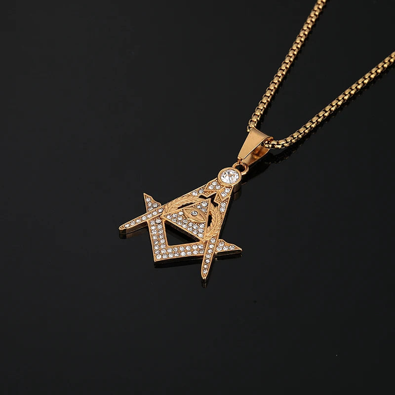 Master Mason Blue Lodge Necklace - Bling Iced Out Gold Color Stainless Steel - Bricks Masons