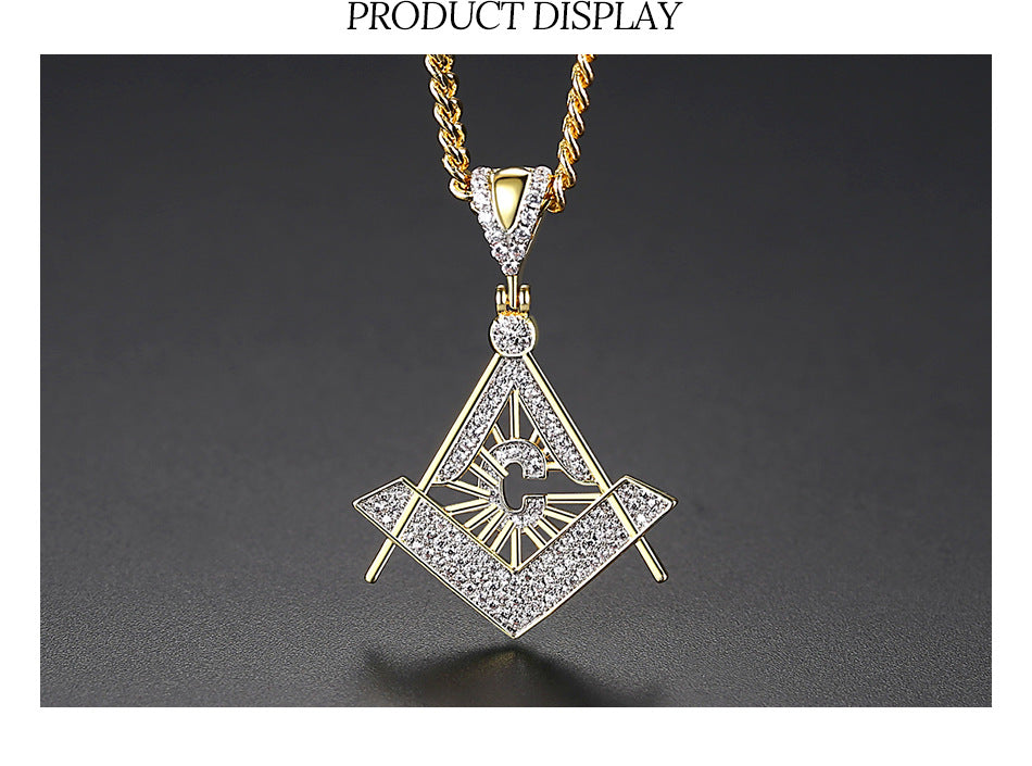 Master Mason Blue Lodge Necklace - Gold & White Copper Zircon With Rhinestones - Bricks Masons