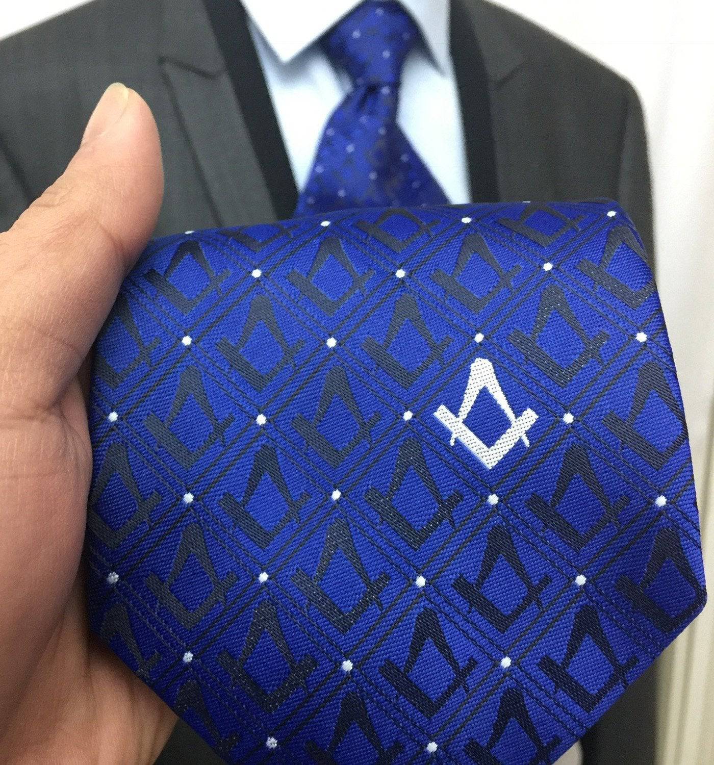 Master Mason Blue Lodge Necktie - Black & Blue with Polkadot Square & Compass - Bricks Masons