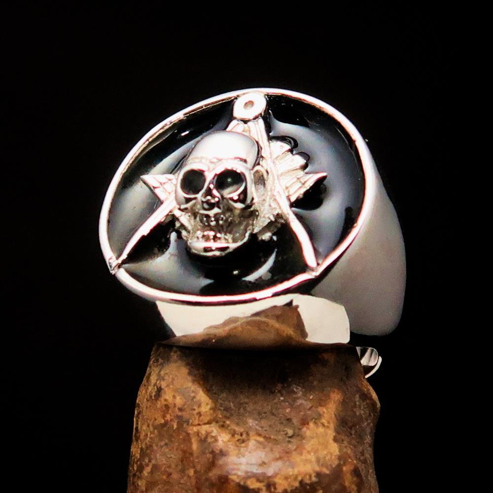 Master Mason Blue Lodge Ring - Black Sterling Silver With Skull Square and Compass - Bricks Masons