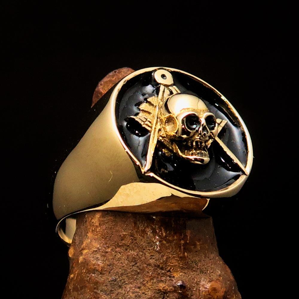 Master Mason Blue Lodge Ring - Gold & Black Solid Brass With Skull Square Compass - Bricks Masons
