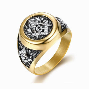 Master Mason Blue Lodge Ring - Square and Compass G Gold Crystal Plated - Bricks Masons