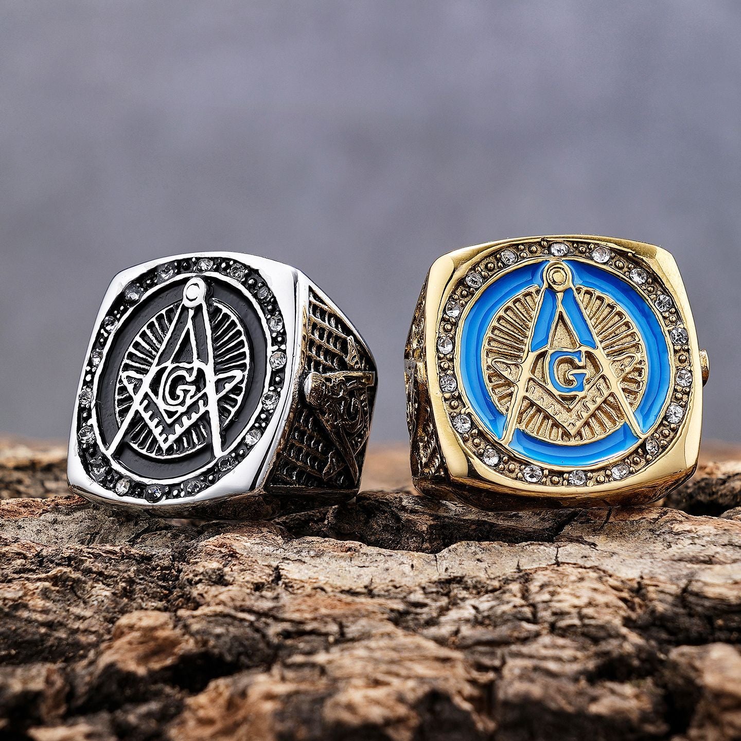 Master Mason Blue Lodge Ring - Square and Compass G Rhinestone - Bricks Masons