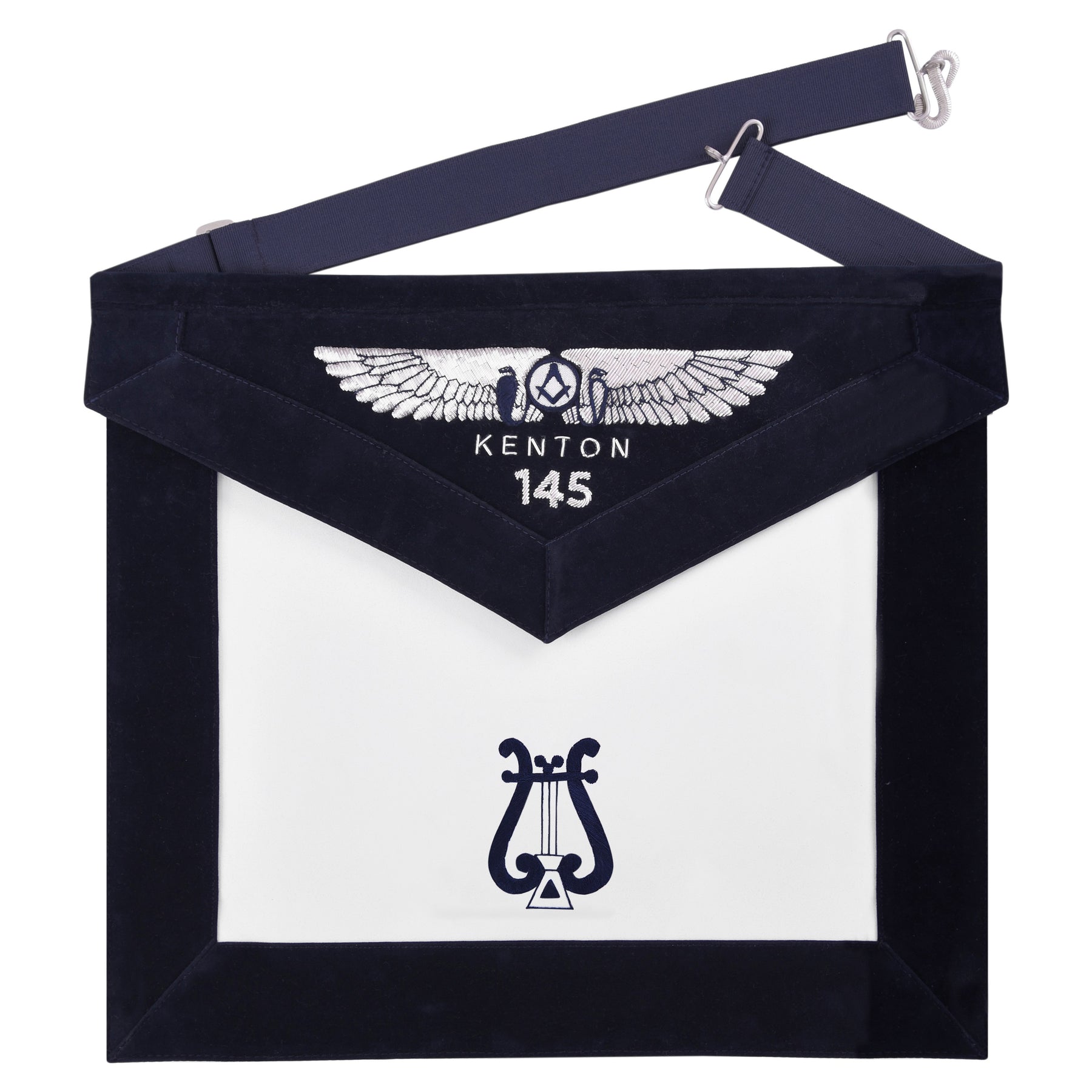 Organist Blue Lodge Officer Apron - Kenton Lodge Navy Velvet With Silver Embroidery Thread - Bricks Masons