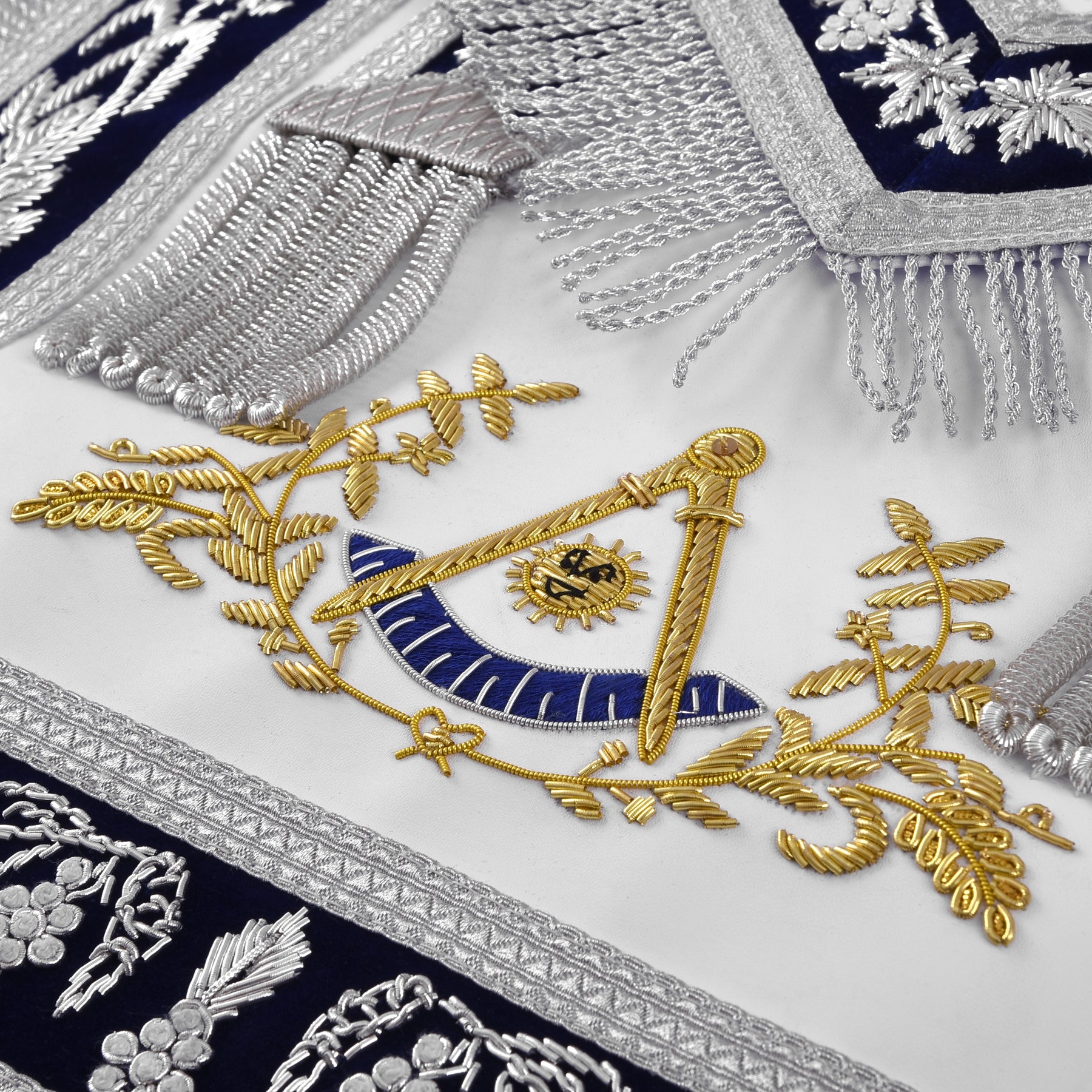 Past Master Blue Lodge Apron - Gold Bullion Emblem With Silver Braid Fringe - Bricks Masons