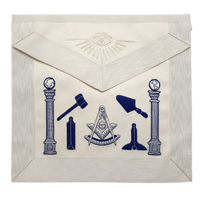 Past Master Blue Lodge Apron - Hand Embroidered Royal Blue & White Silk Thread. - Bricks Masons