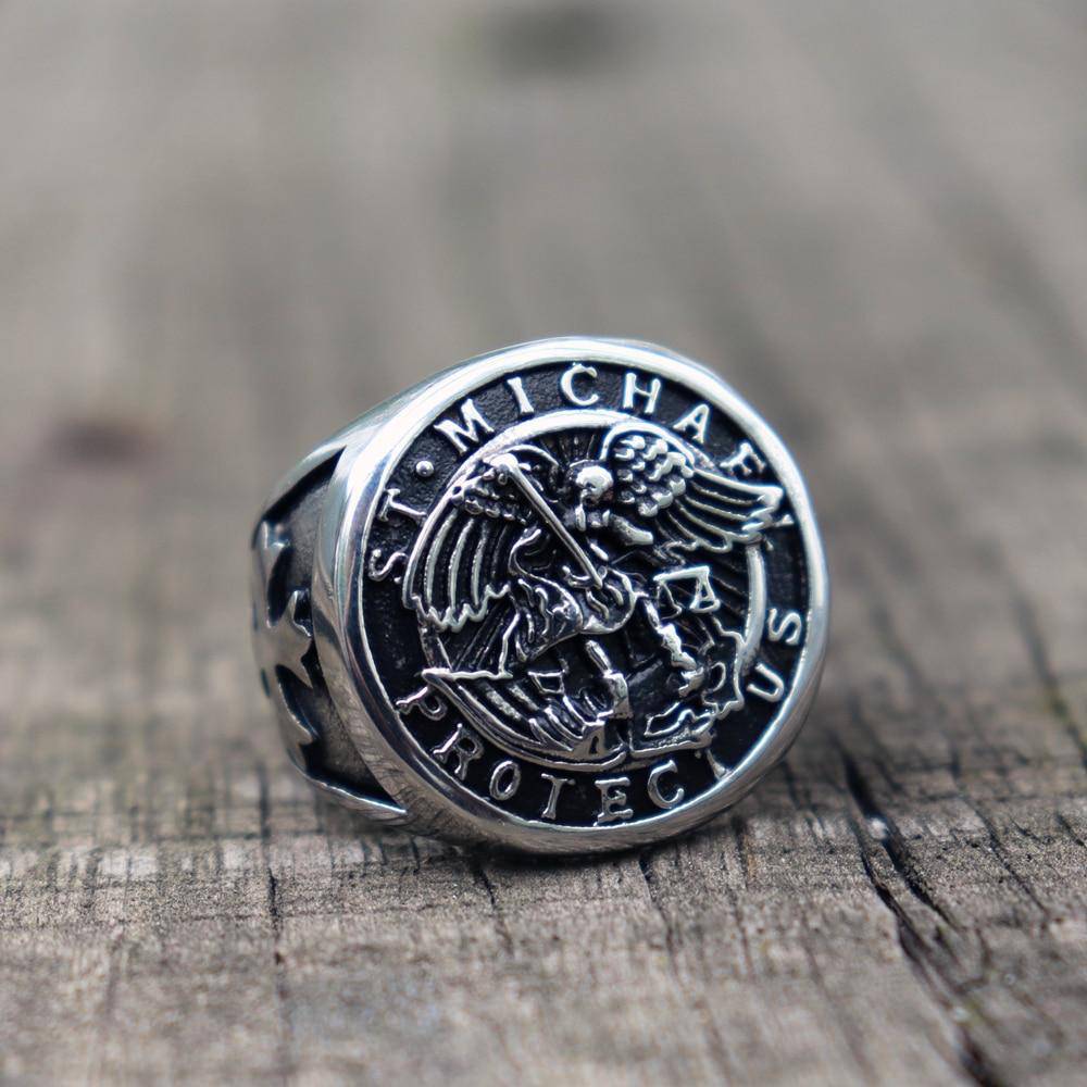 Knights Templar Commandery Ring - Saint Michael Protect Us Silver