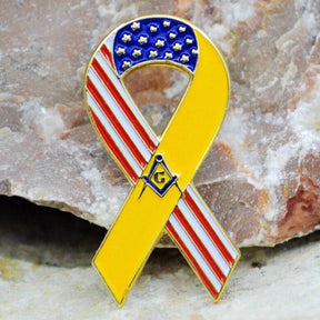 Master Mason Blue Lodge Lapel Pin - Yellow ribbon USA flag