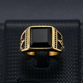 Master Mason Blue Lodge Ring - Black Stone Titanium Gold & Silver Color