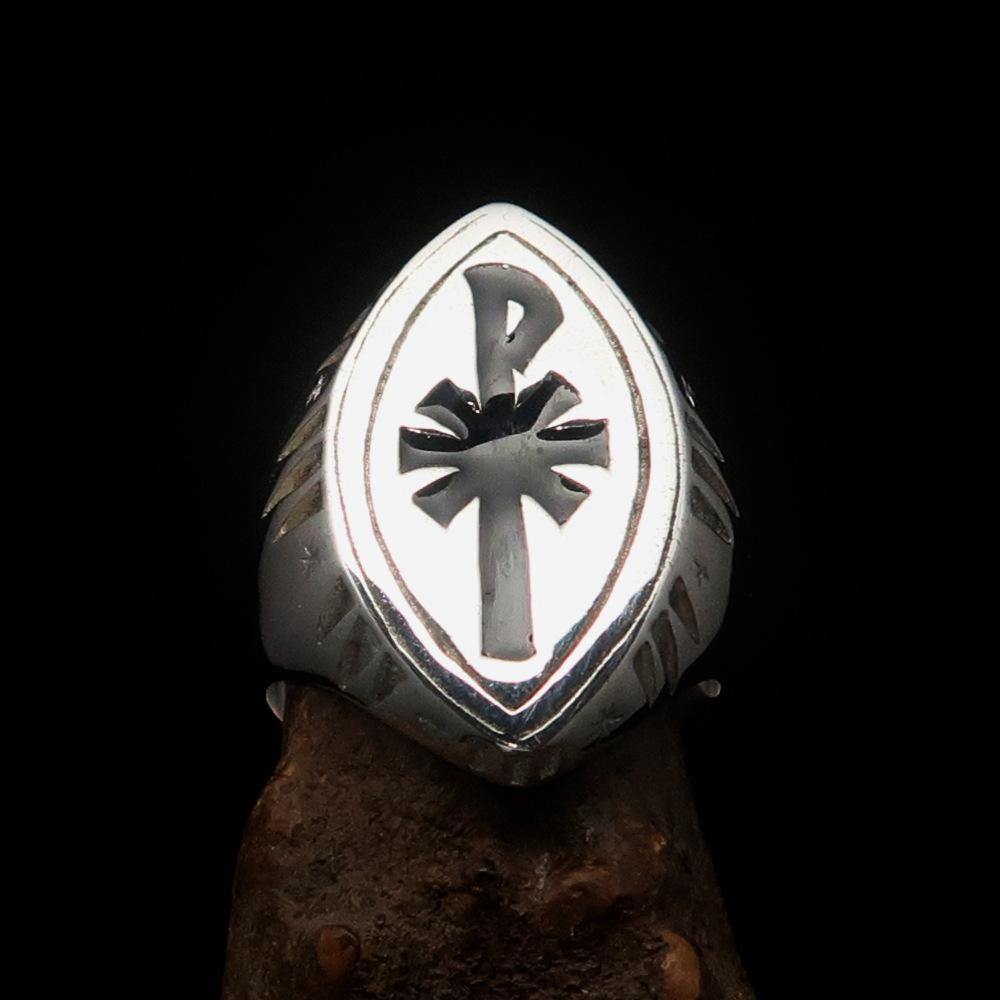 Red Cross Of Constantine Ring - Silver & Black Chi Rho Christogram Sterling Silver - Bricks Masons