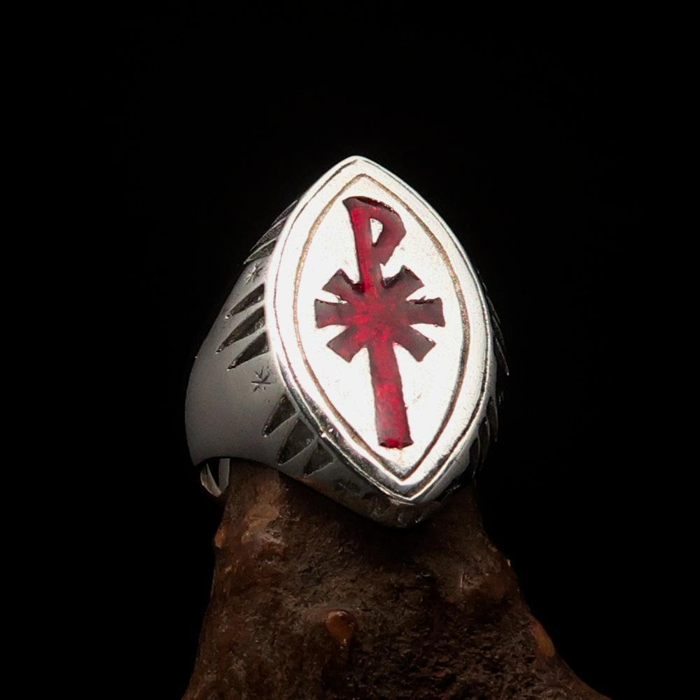 Red Cross Of Constantine Ring - Silver & Red Chi Rho Christogram Sterling Silver - Bricks Masons