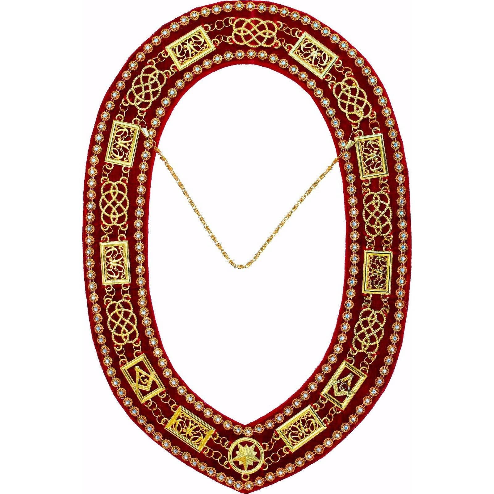 Grand Officers Blue Lodge Chain Collar - Gold Plated with Rhinestones on Red Velvet