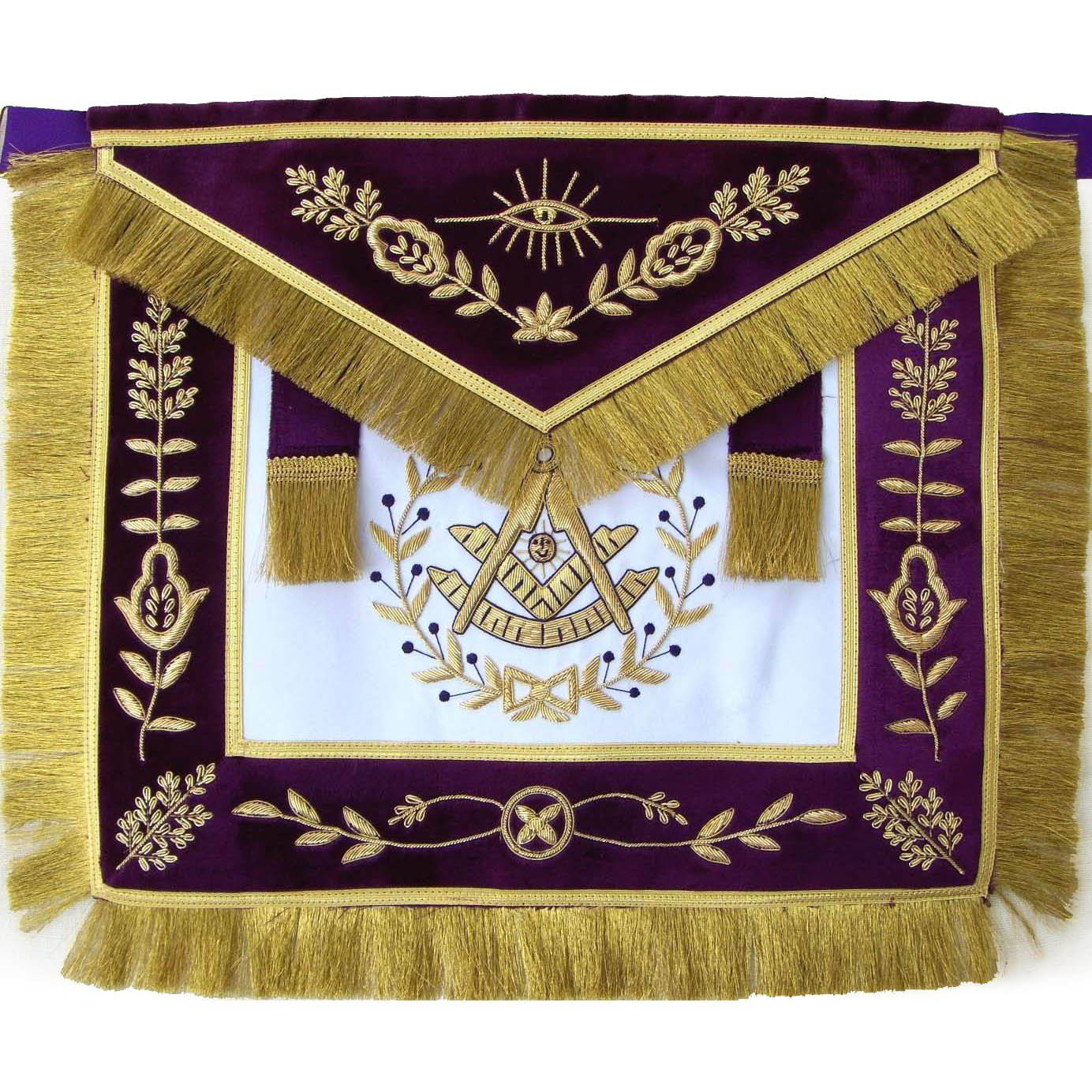 Past Master Blue Lodge Apron - White Satin & Purple with Gold Fringe Tassels