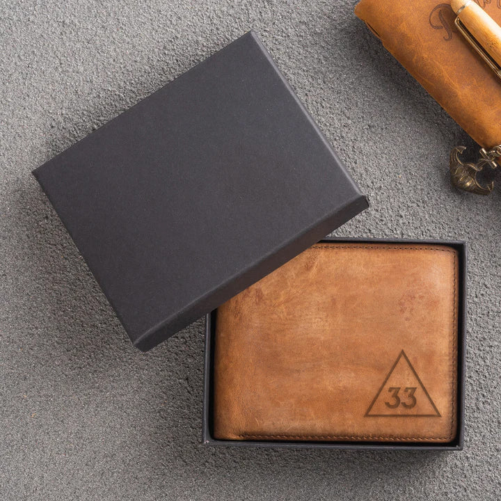 Handmade Leather 33rd Degree Scottish Rite Wallet - Light & Dark Brown - Bricks Masons