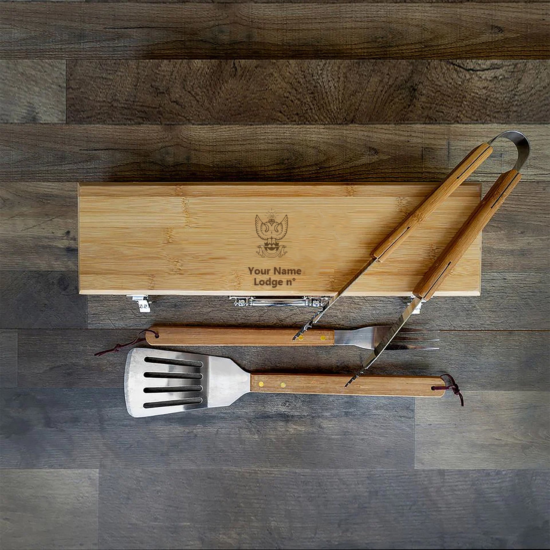 33rd Degree Scottish Rite Grill Tool - Wings Up BBQ Set & Bamboo Case - Bricks Masons