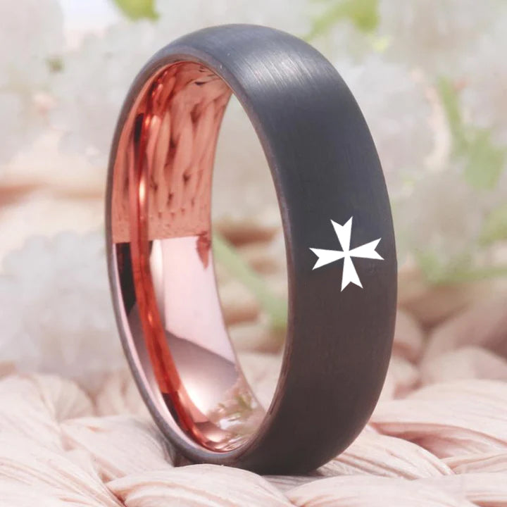 Order of Malta Commandery Ring - Gunmetal With Rose Gold Tungsten - Bricks Masons