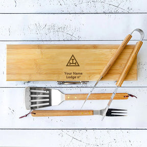 Royal Arch Chapter Grill Tool - BBQ Set & Bamboo Case - Bricks Masons