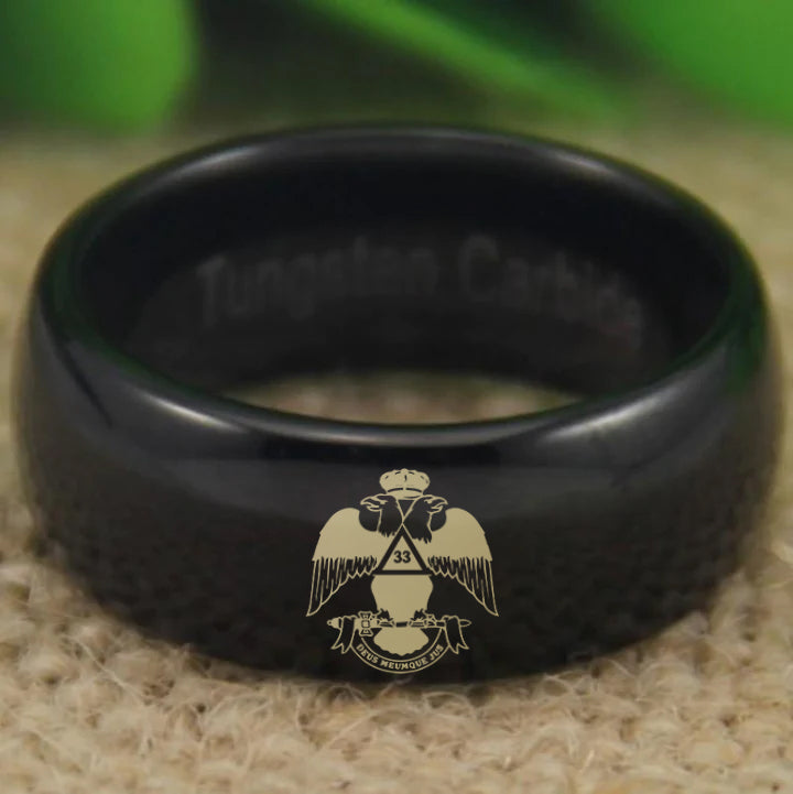 33rd Degree Scottish Rite Ring - Wings Down Black Dome Tungsten - Bricks Masons