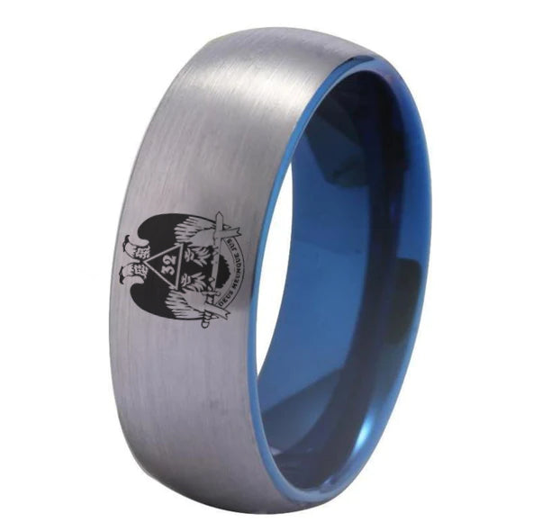 32nd Degree Scottish Rite Ring - Wings Down Silver With Blue Tungsten - Bricks Masons