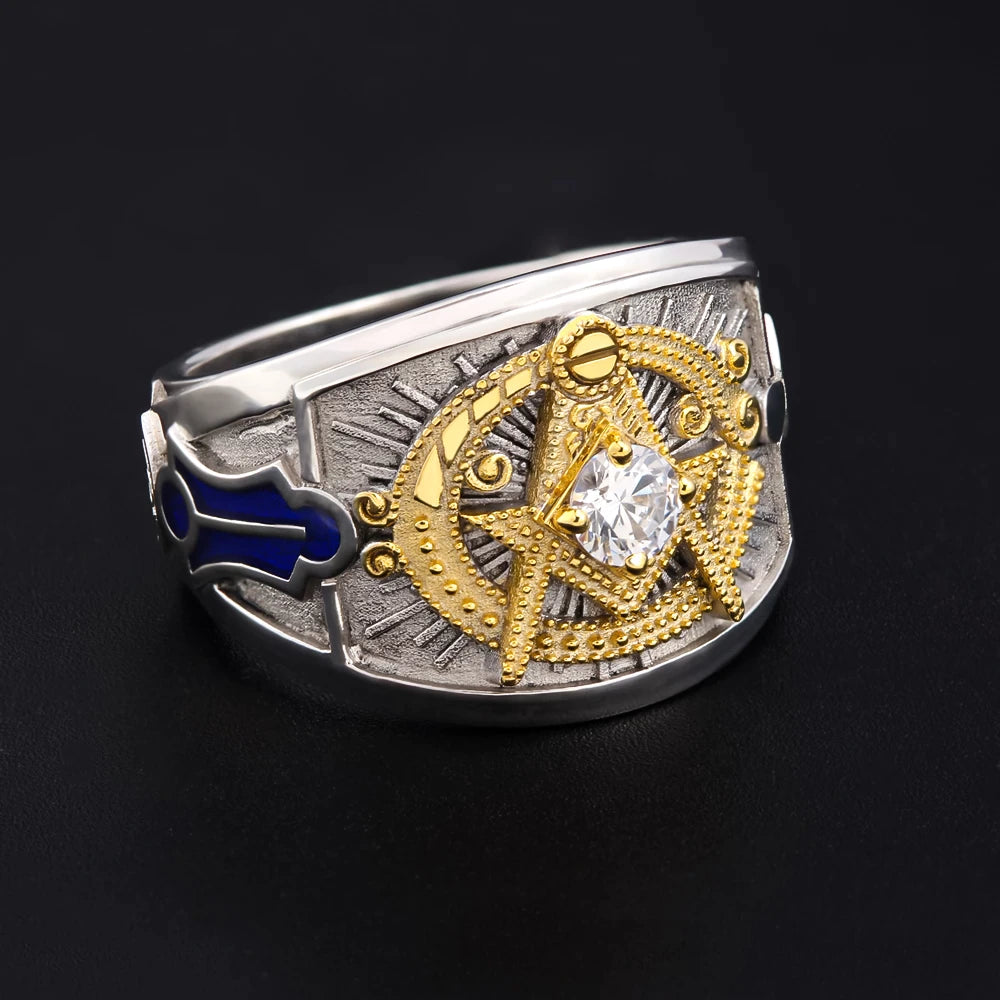 Master Mason Blue Lodge Ring - 925 Sterling Silver Ancient Square and Compass - Bricks Masons