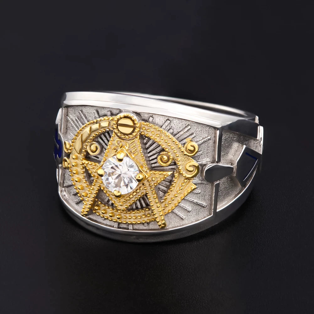 Master Mason Blue Lodge Ring - 925 Sterling Silver Ancient Square and Compass - Bricks Masons