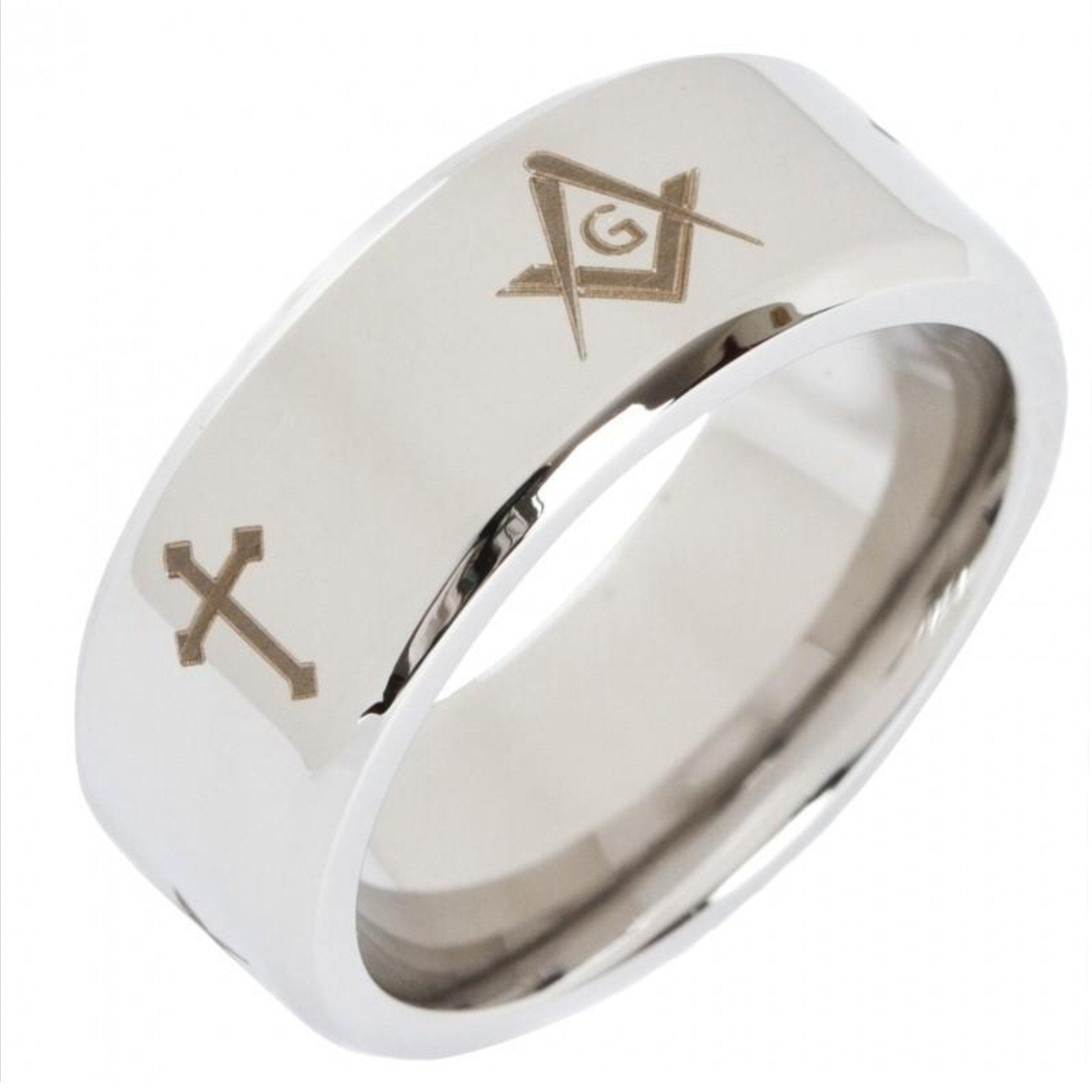 Beveled Silver Cross Tungsten Masonic Ring Free Engraving - Bricks Masons