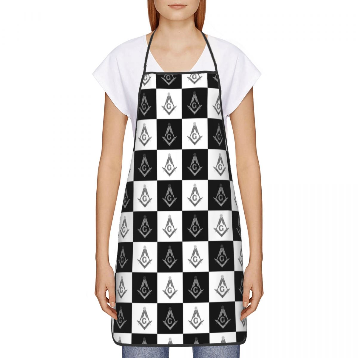 Master Mason Blue Lodge Kitchen Apron - Checkered Square and Compass G - Bricks Masons