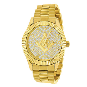 Golden Masonic Iced Out Metallic Watch - Bricks Masons