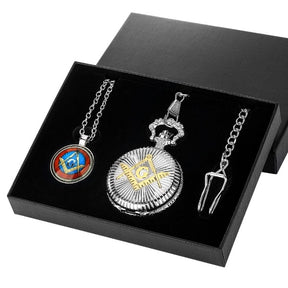 Master Mason Blue Lodge Pocket Watch - Square ad Compass with G Set with Pendant Necklace - Bricks Masons