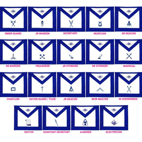 Officers Blue Lodge Officer Apron Set - Blue Ribbon Machine Embroidery (Set of 19) - Bricks Masons