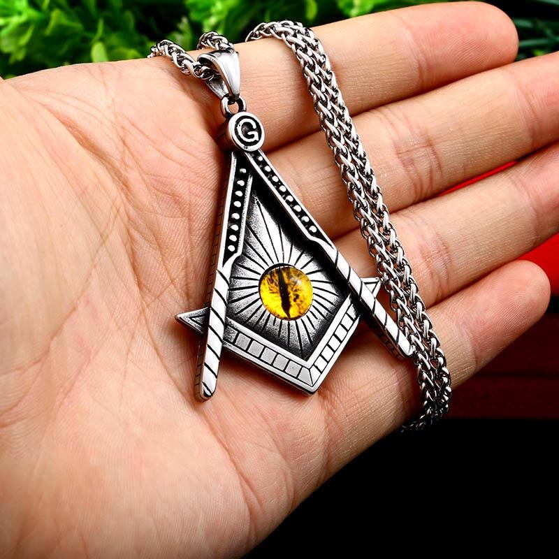 Yellow Eye Stainless Steel Masonic Necklace - Bricks Masons