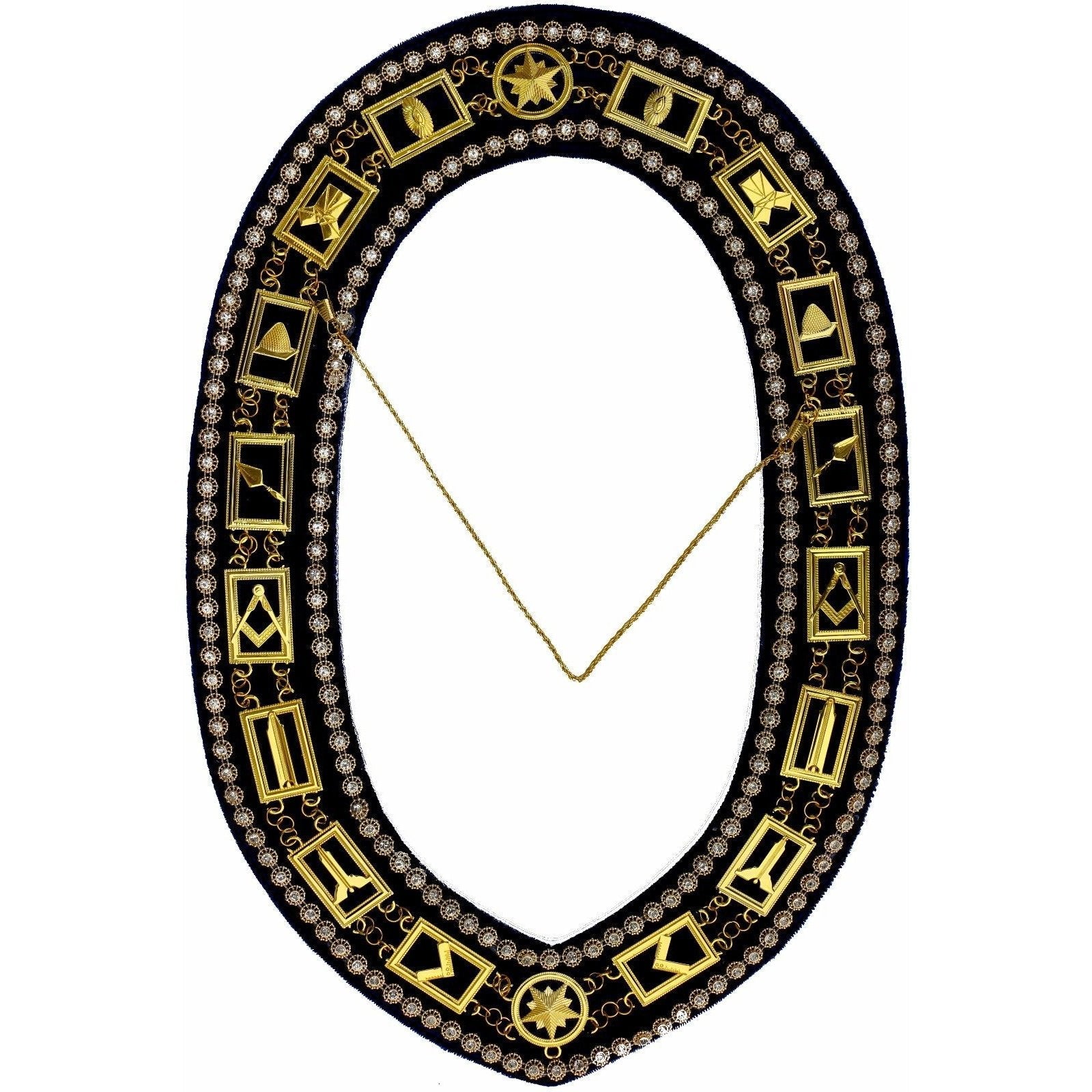 Blue Lodge Working Tools - Rhinestones Chain Collar - Gold/Silver on Blue + Free Case - Bricks Masons